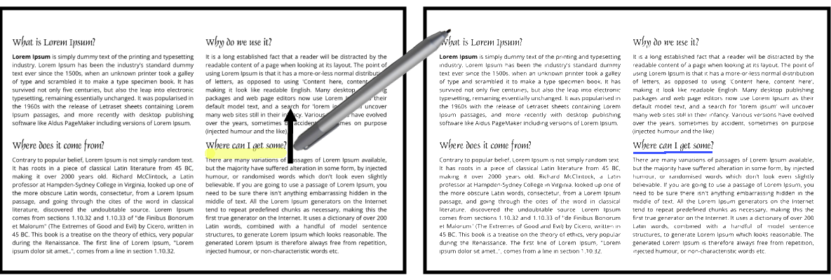 A flick of the pen's eraser changes a highlight that was misclassified into an underline